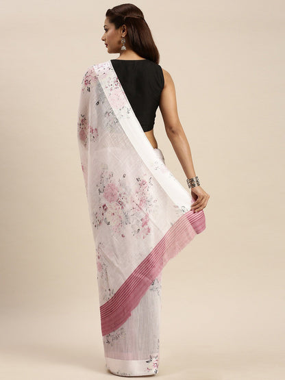 Women's White Art Silk Printed Saree