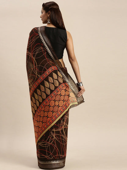 Women's Brown Art Silk Printed Saree