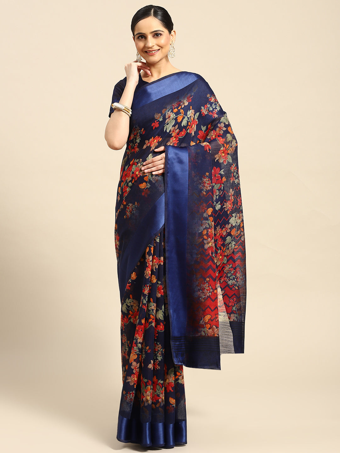 Women's Dark Blue Cotton Blend Printed Saree