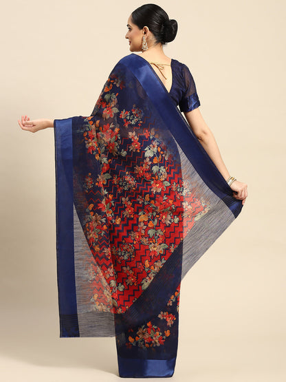 Women's Dark Blue Cotton Blend Printed Saree