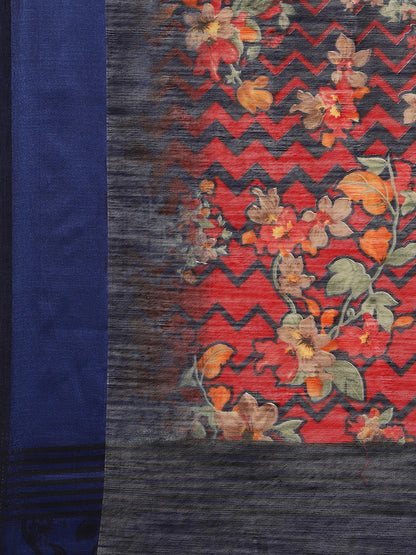 Women's Dark Blue Cotton Blend Printed Saree