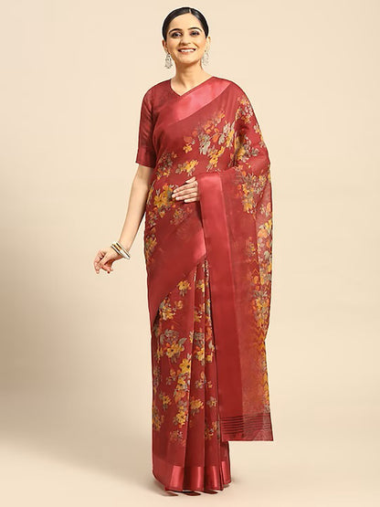 Women's Red Cotton Blend Printed Saree