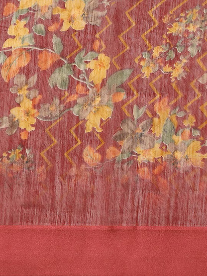 Women's Red Cotton Blend Printed Saree