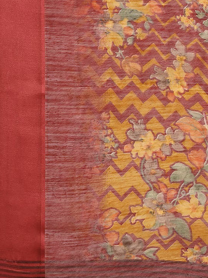 Women's Red Cotton Blend Printed Saree
