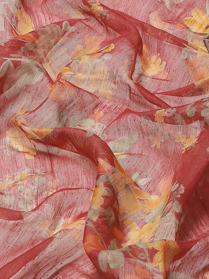 Women's Red Cotton Blend Printed Saree