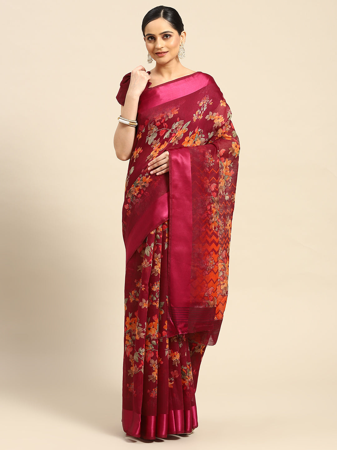 Women's Maroon Cotton Blend Printed Saree