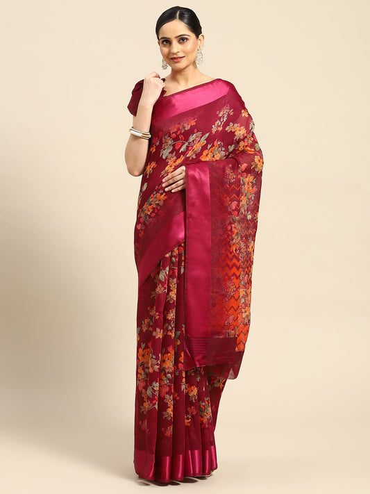 Women's Maroon Cotton Blend Printed Saree