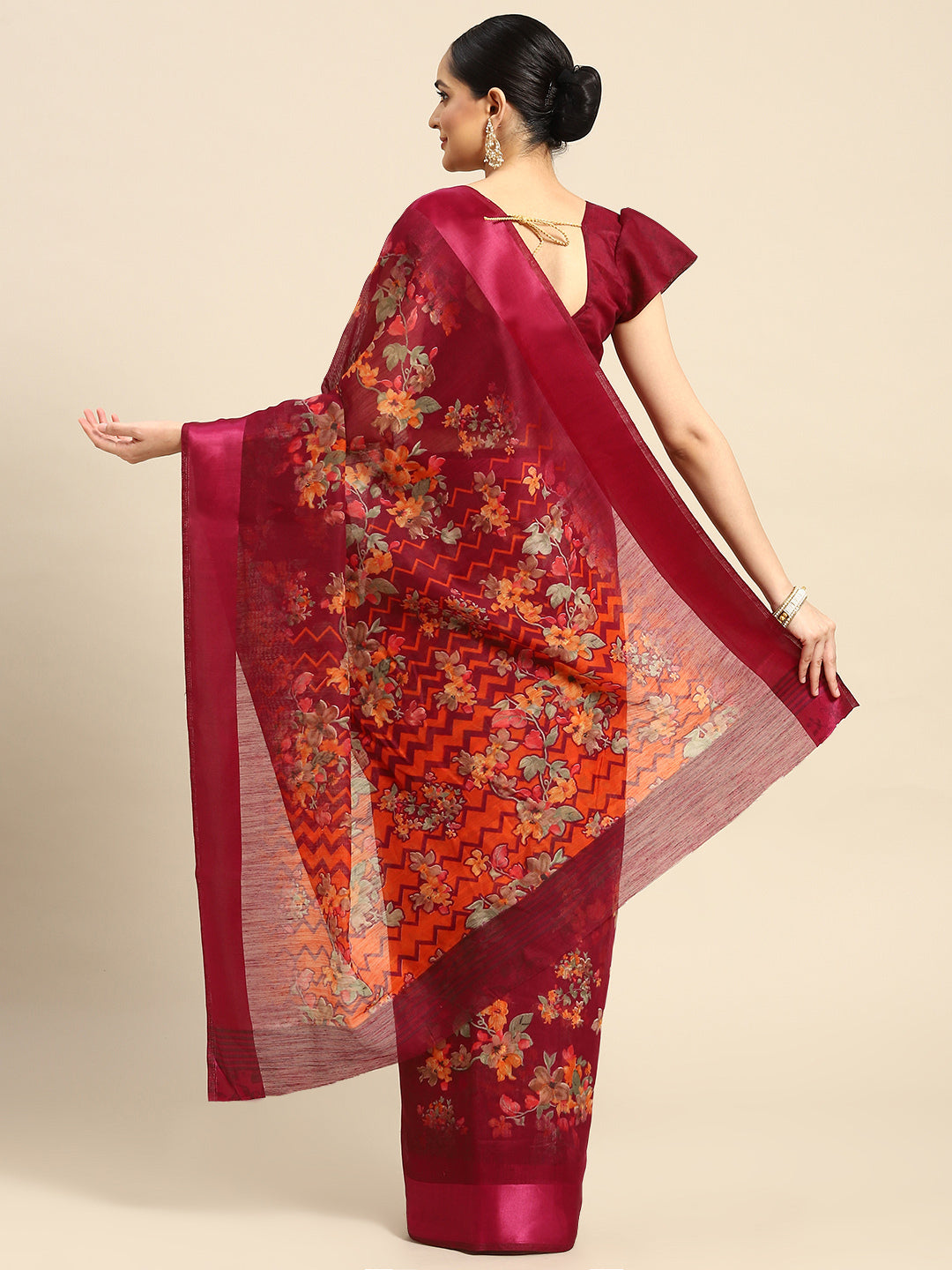 Women's Maroon Cotton Blend Printed Saree