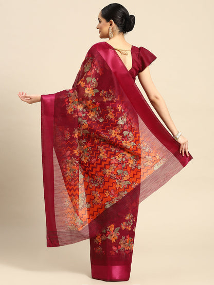 Women's Maroon Cotton Blend Printed Saree