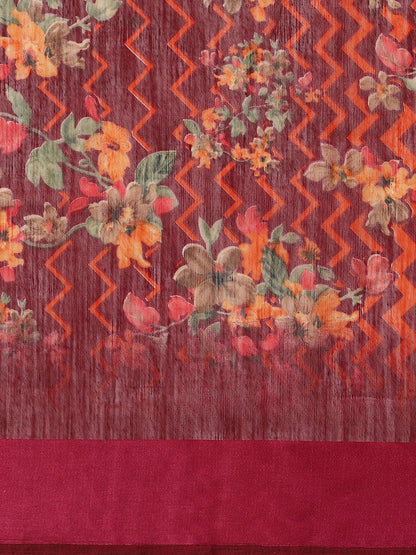 Women's Maroon Cotton Blend Printed Saree