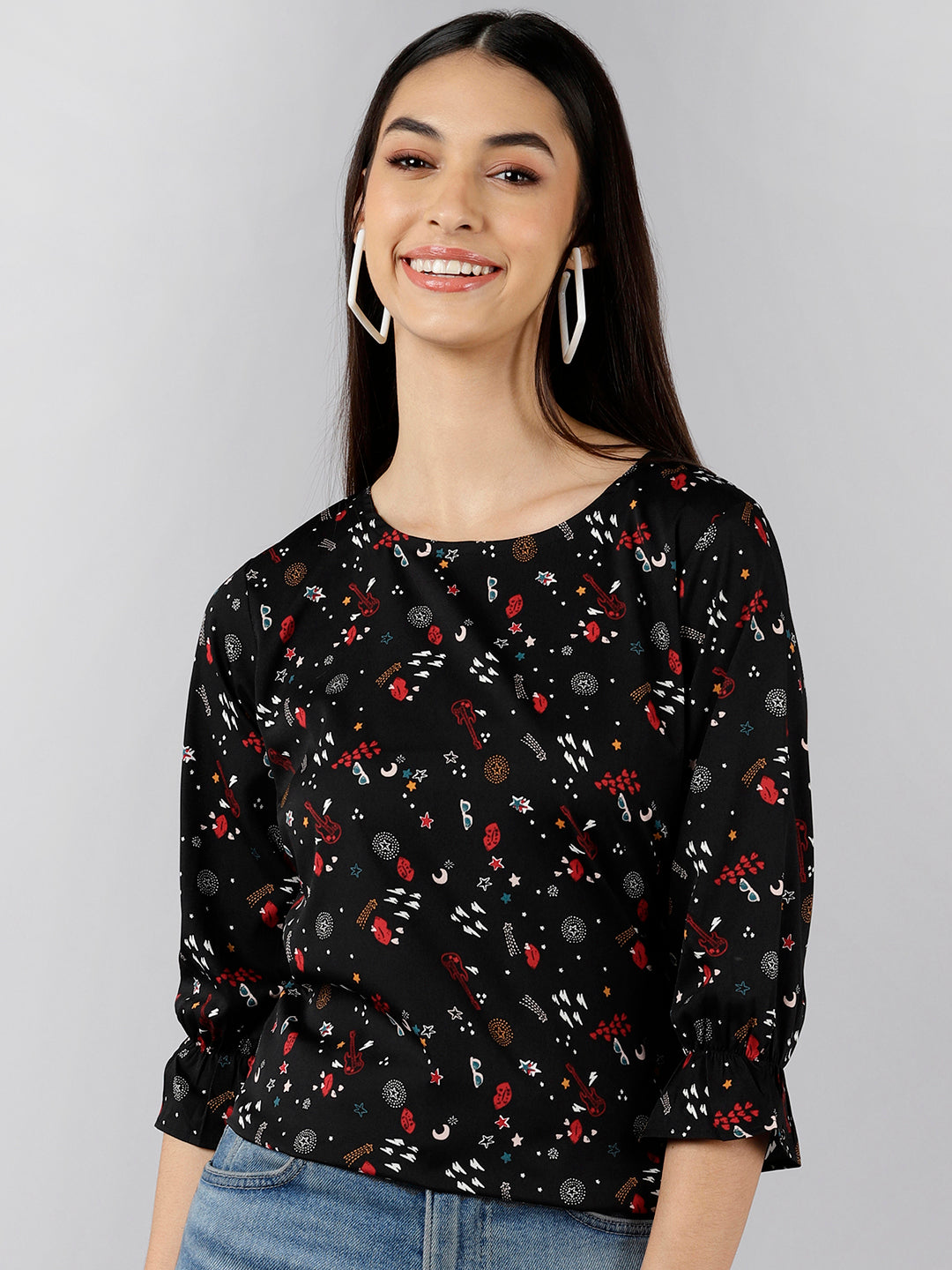 Women's Black Crepe Conversational Printed