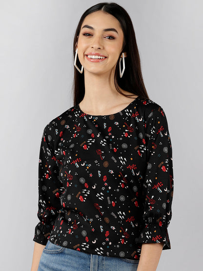 Women's Black Crepe Conversational Printed