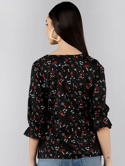 Women's Black Crepe Conversational Printed
