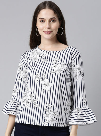 Women's Navy Blue Crepe Vertical Stripes Printed