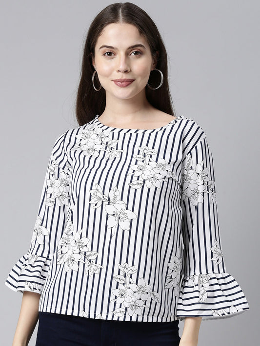 Women's Navy Blue Crepe Vertical Stripes Printed