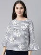 Women's Navy Blue Crepe Vertical Stripes Printed
