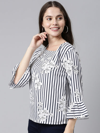 Women's Navy Blue Crepe Vertical Stripes Printed