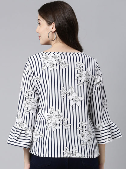 Women's Navy Blue Crepe Vertical Stripes Printed