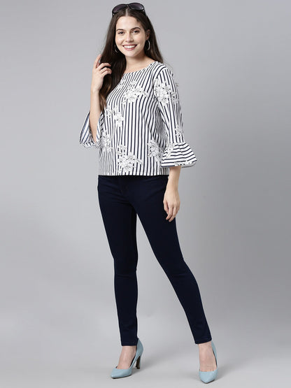 Women's Navy Blue Crepe Vertical Stripes Printed
