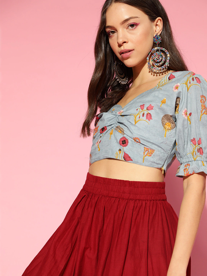 Women's Blue Cotton Floral Printed