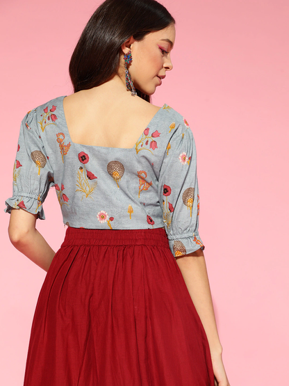 Women's Blue Cotton Floral Printed