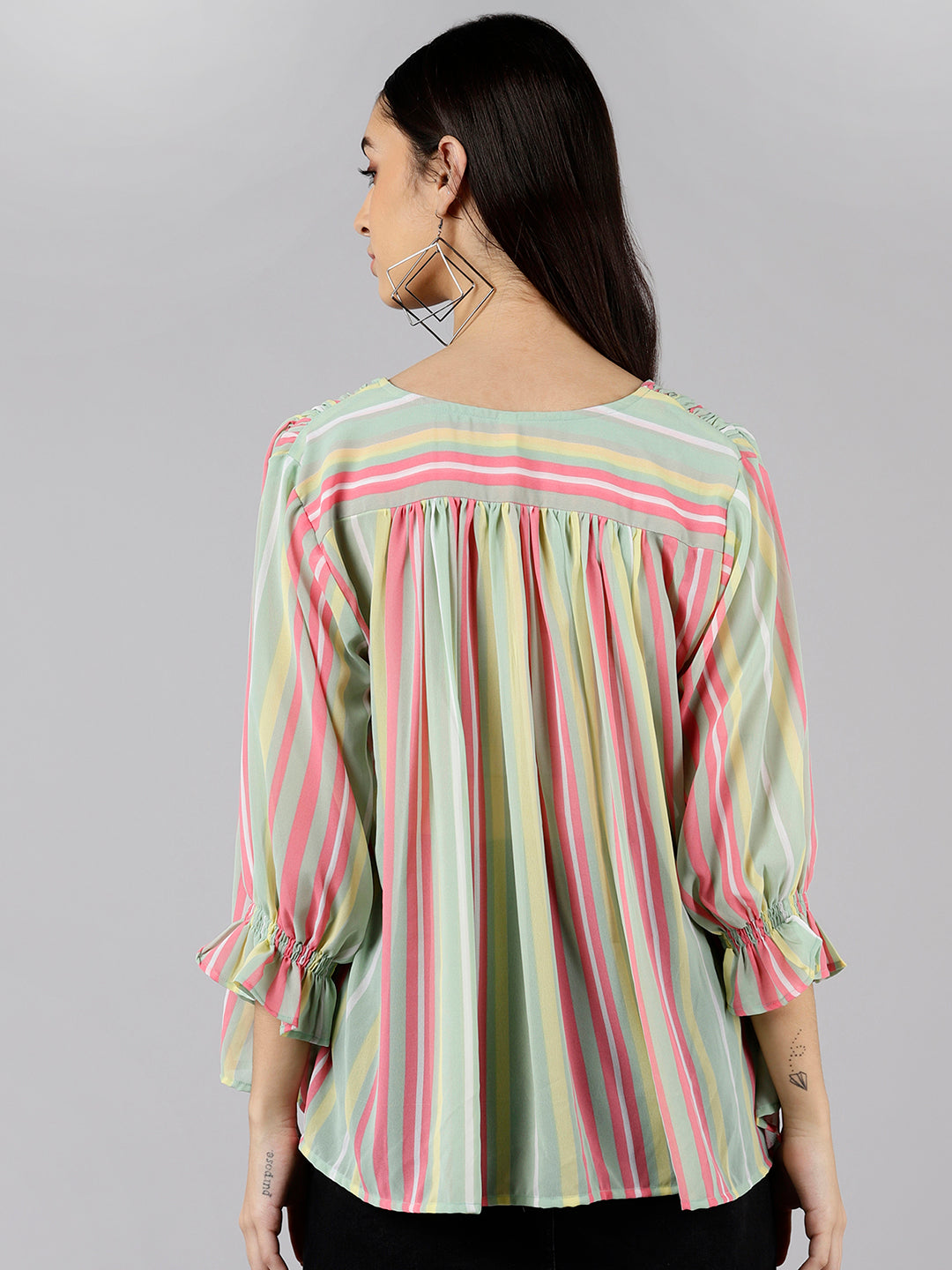 Women's Sea Green Georgette Vertical Stripes Printed