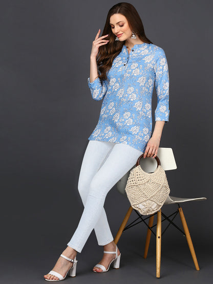 Women's Blue Cotton Blend Floral Printed