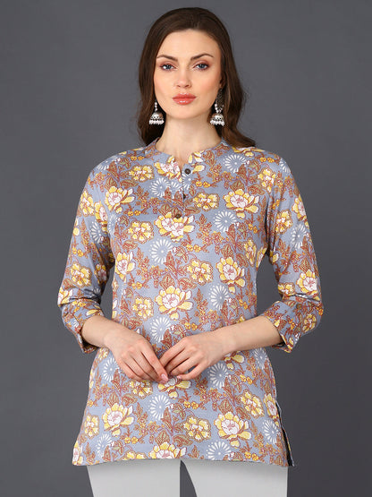 Women's Grey Cotton Blend Floral Printed