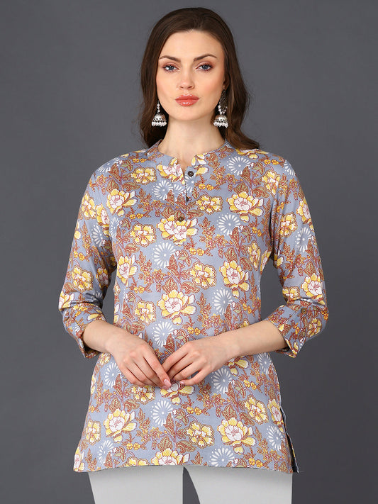 Women's Grey Cotton Blend Floral Printed