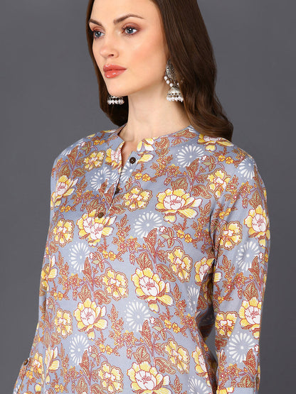 Women's Grey Cotton Blend Floral Printed