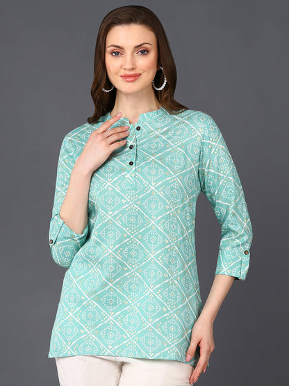 Women's Turquoise Blue Cotton Blend Geometric Printed
