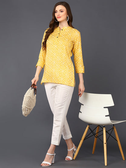 Women's Yellow Cotton Blend Geometric Printed
