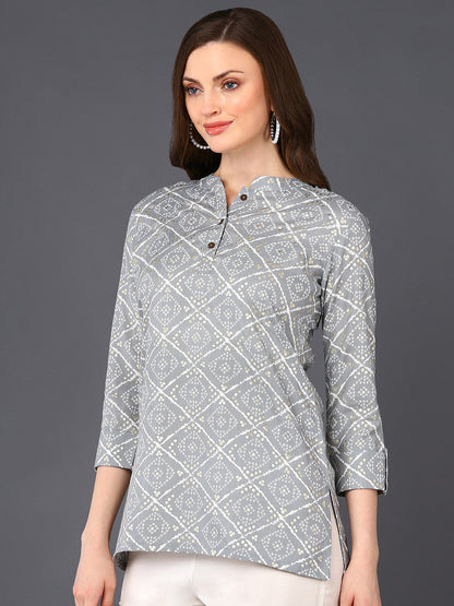Women's Grey Cotton Blend Geometric Printed