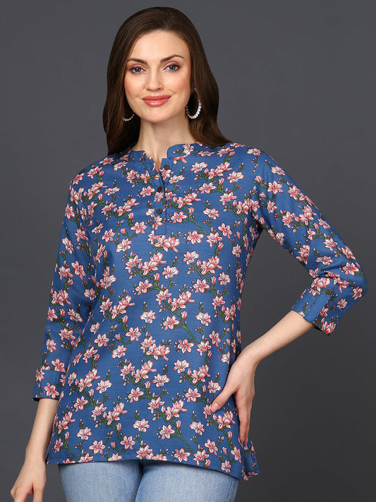 Women's Blue Cotton Blend Floral Printed