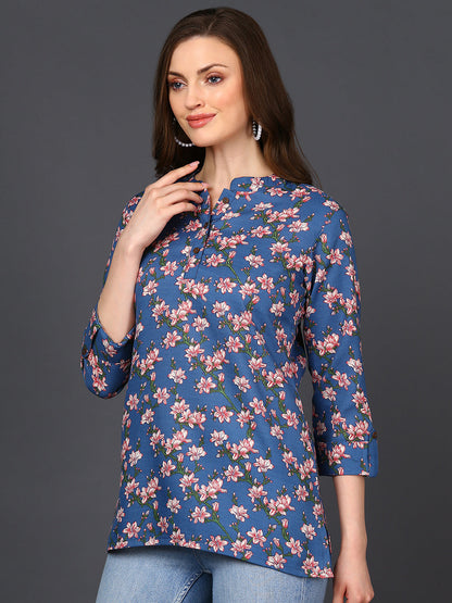 Women's Blue Cotton Blend Floral Printed