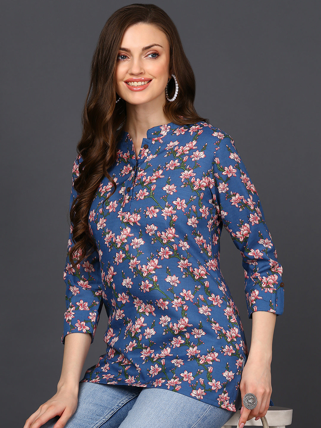 Women's Blue Cotton Blend Floral Printed