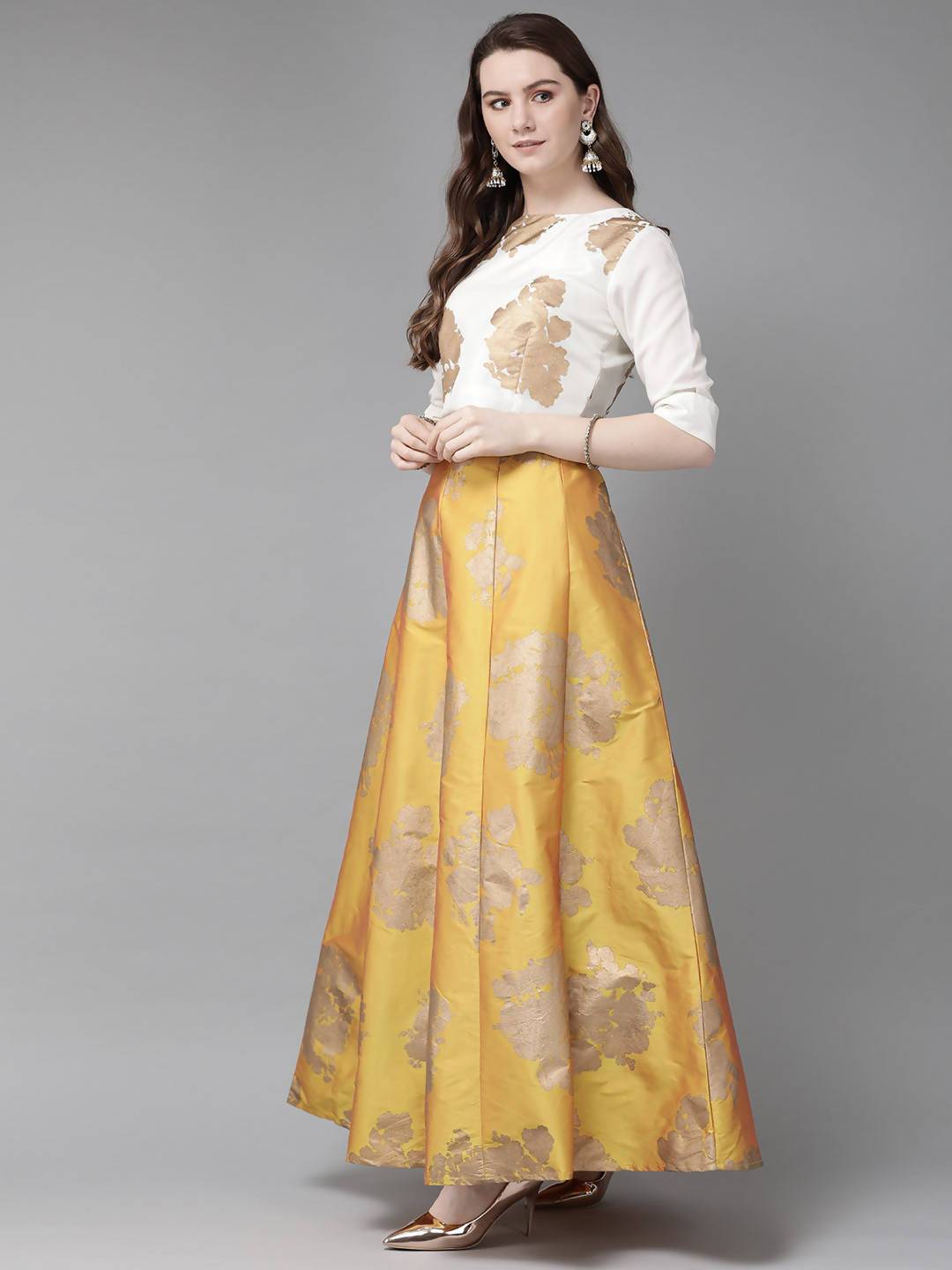 Women's Mustard Taffeta Silk Foil Print Lehenga Choli Set