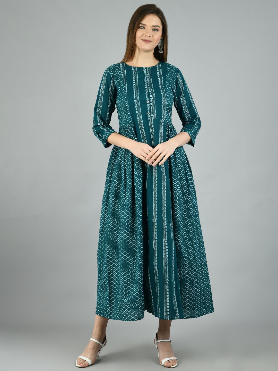 Women's Green Cotton Printed 3/4 Sleeve Round Neck Casual Dress