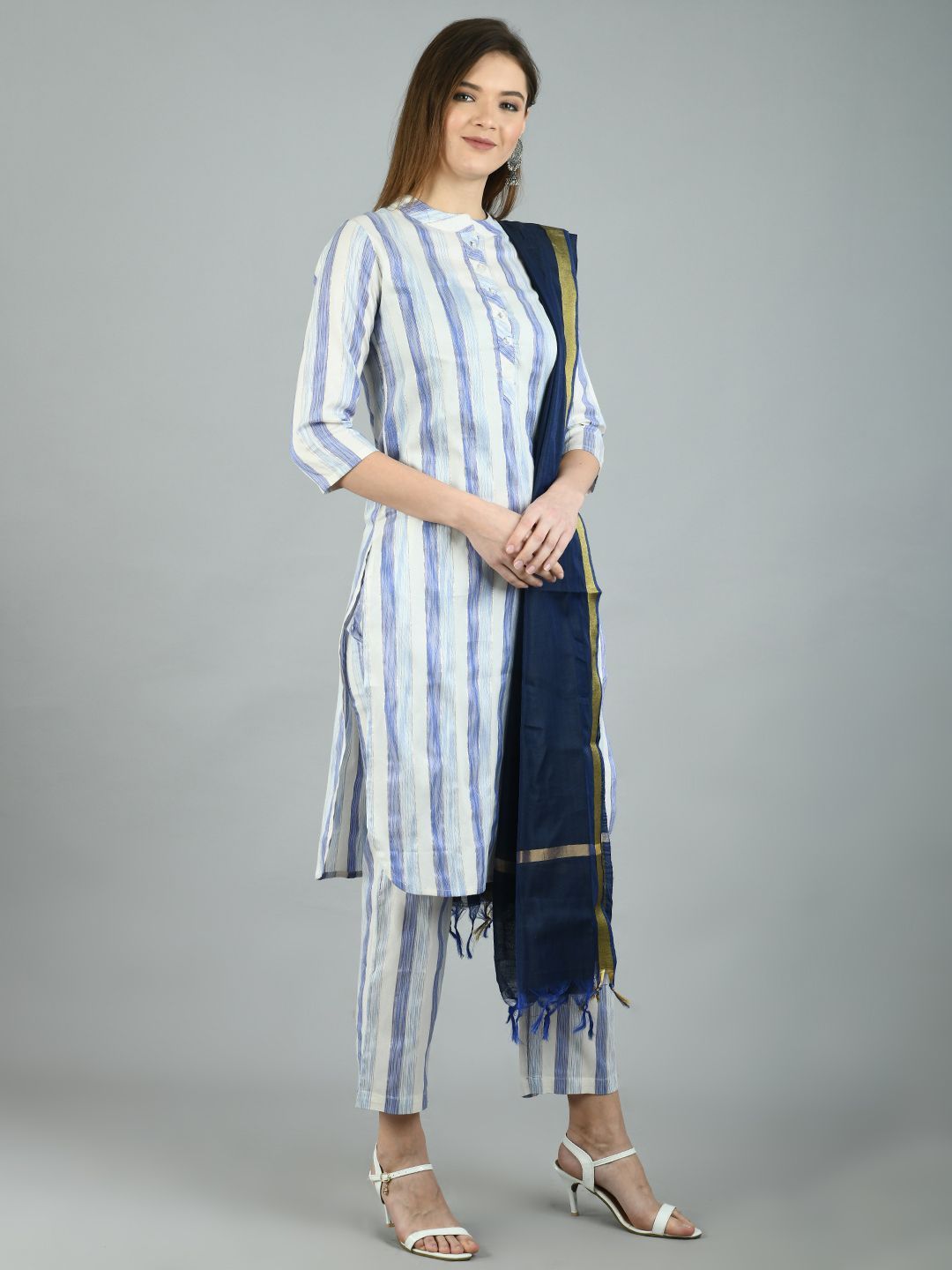 Women's White::Blue Cotton Printed 3/4 Sleeve Mandarin Neck Casual Kurta Pant Dupatta Set