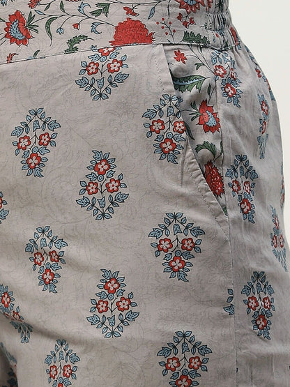 Women's Floral Print Tunic Sharara Set With Mask