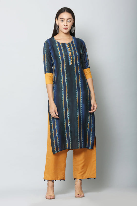 Women's Blue Color Muslin Straight Printed Kurta Pant Set