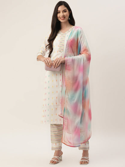 Women's White Cotton Blend Self Design Straight Kurta Trouser Set With Dupatta