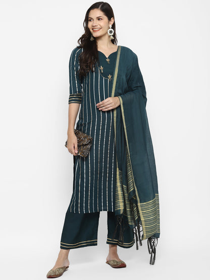 Women's Green Color Chanderi Silk Embroidered Straight Kurta Palazzo With Dupatta