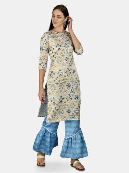 Women's Multi Silk Printed 3/4 Sleeve Round Neck Casual Kurta Palazzo Dupatta Set