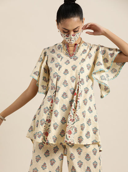 Women's Floral Print Tunic Sharara Set With Mask