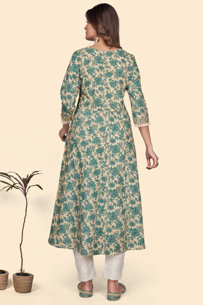 Women's Print & Embroidered A-Line Cotton Turquoise Stitched Kurta