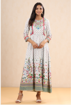 Women's White Rayon Printed Anarkali Dress with Tie-up Dori
