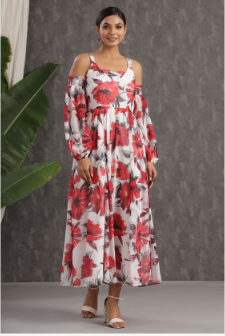 Women's White Chiffon Printed Flared Dress