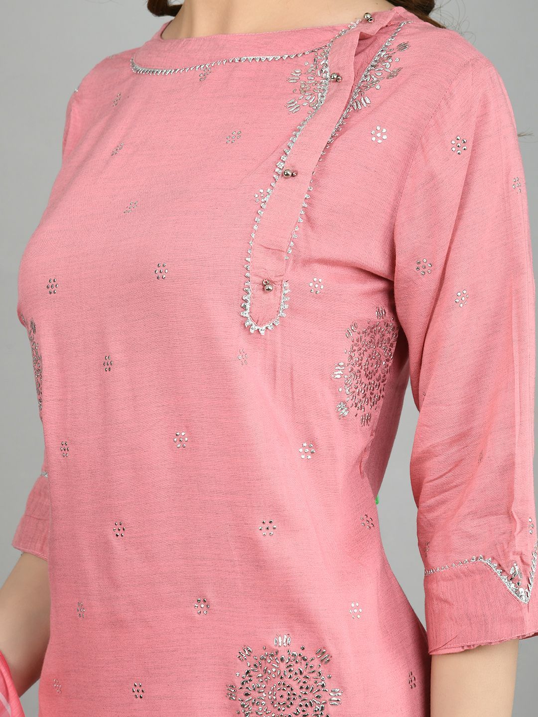 Women's Pink Cotton Printed 3/4 Sleeve Round Neck Casual Kurta Dupatta Set