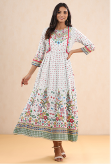 Women's White Rayon Printed Anarkali Dress with Tie-up Dori